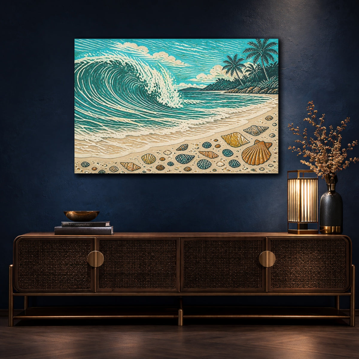 Mockup 4. Coastal Wave And Shells shown as canvas print