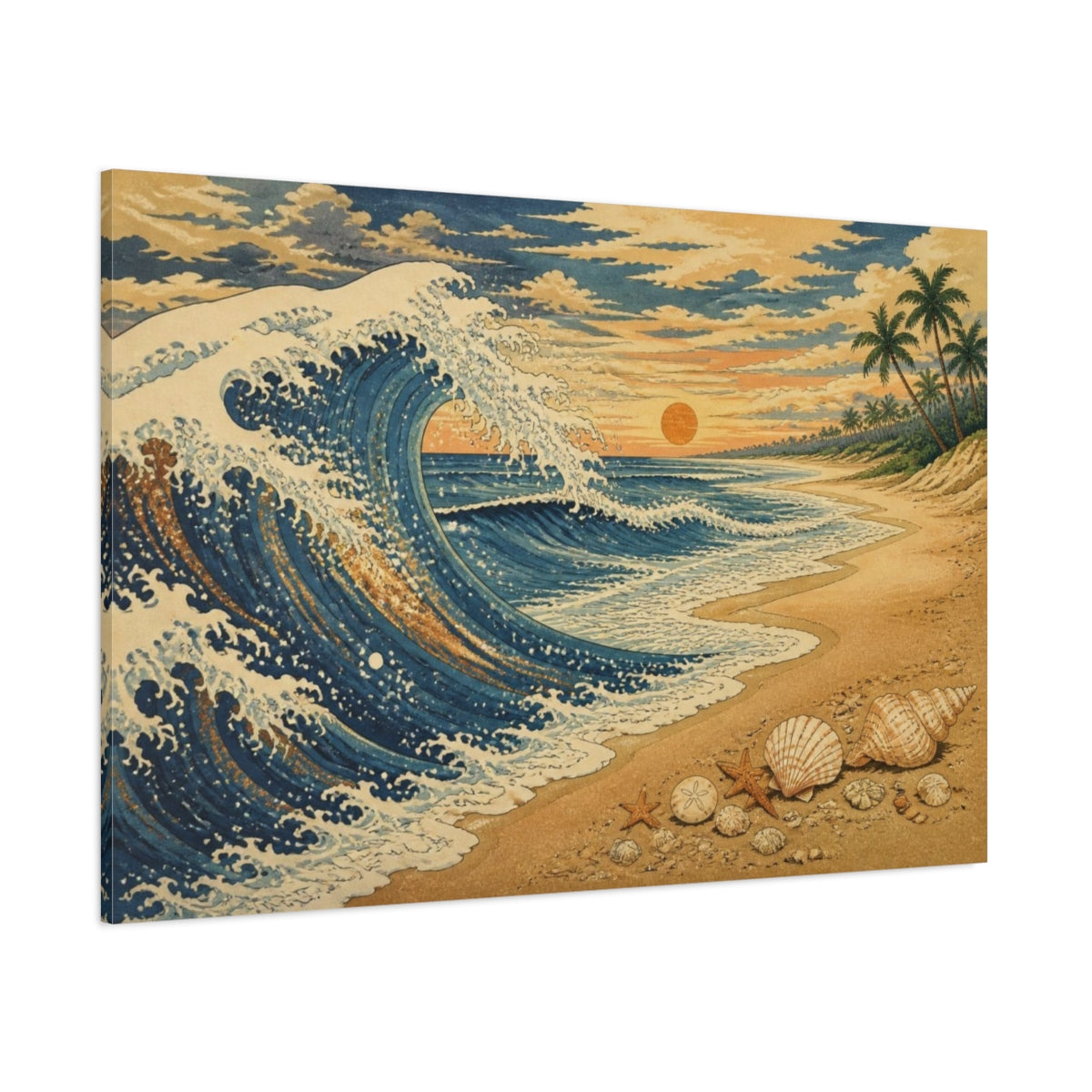 Side Mockup 1. Coastal Wave With Shells shown as canvas print