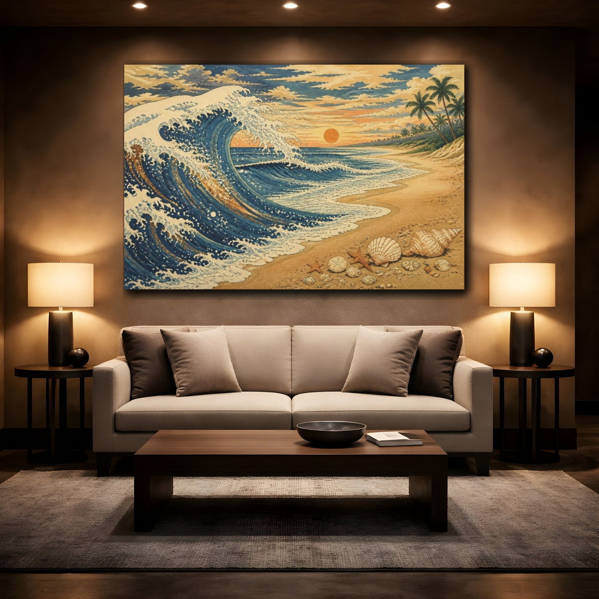 Mockup 2. Coastal Wave With Shells shown as canvas print