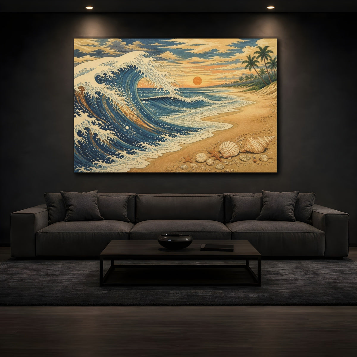 Mockup 3. Coastal Wave With Shells shown as canvas print