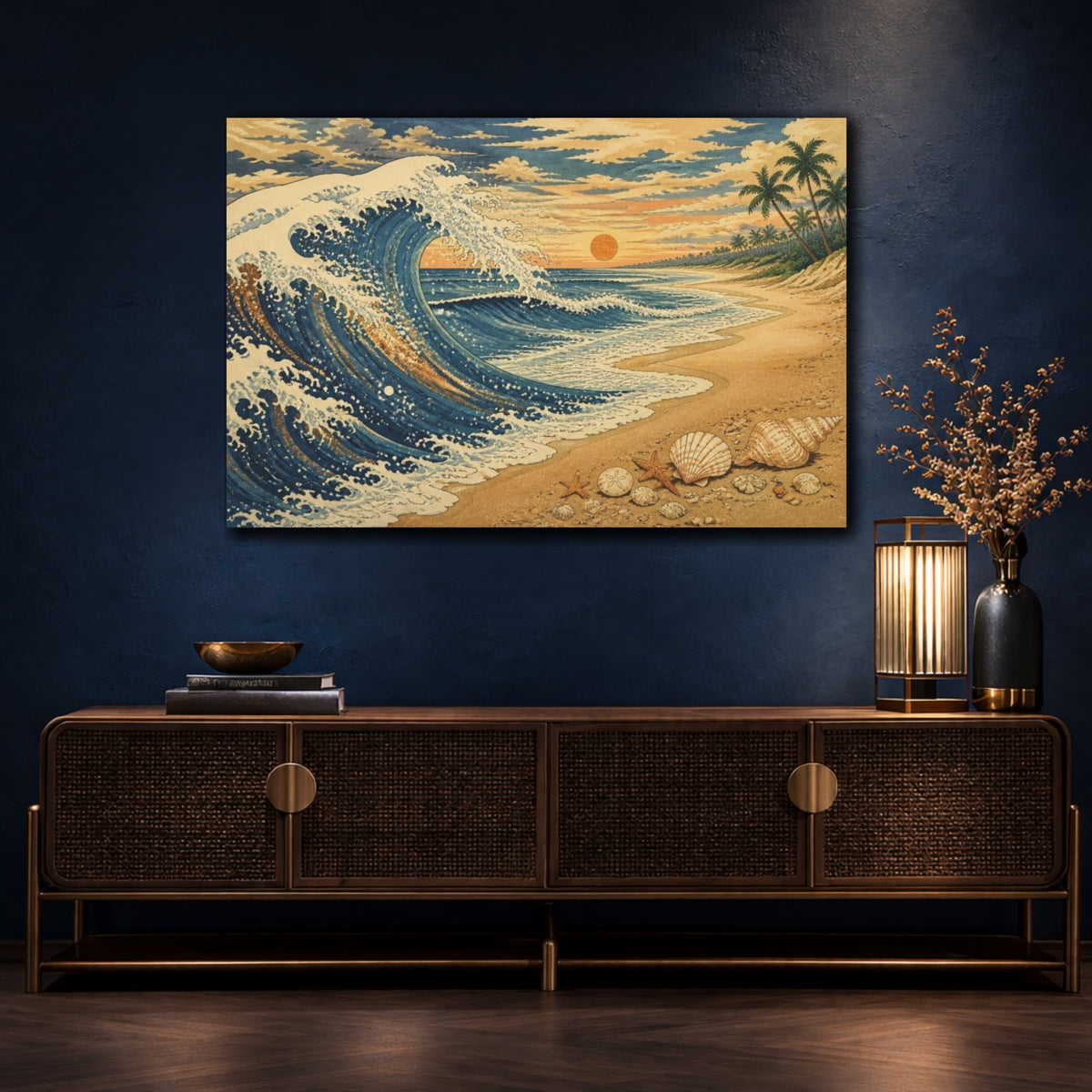 Mockup 4. Coastal Wave With Shells shown as canvas print