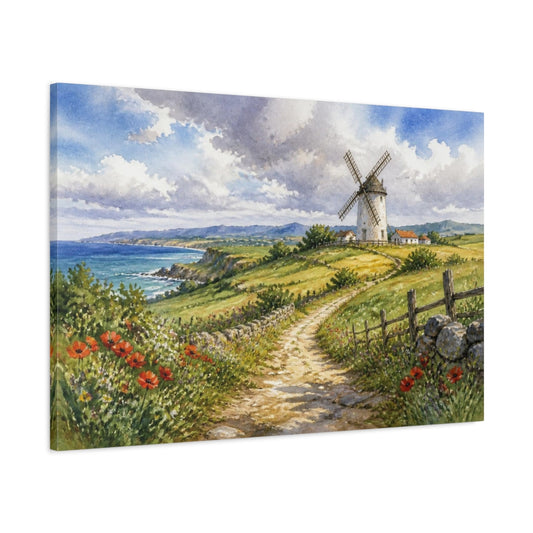 Main Mockup. Coastal Windmill Landscape shown as canvas print