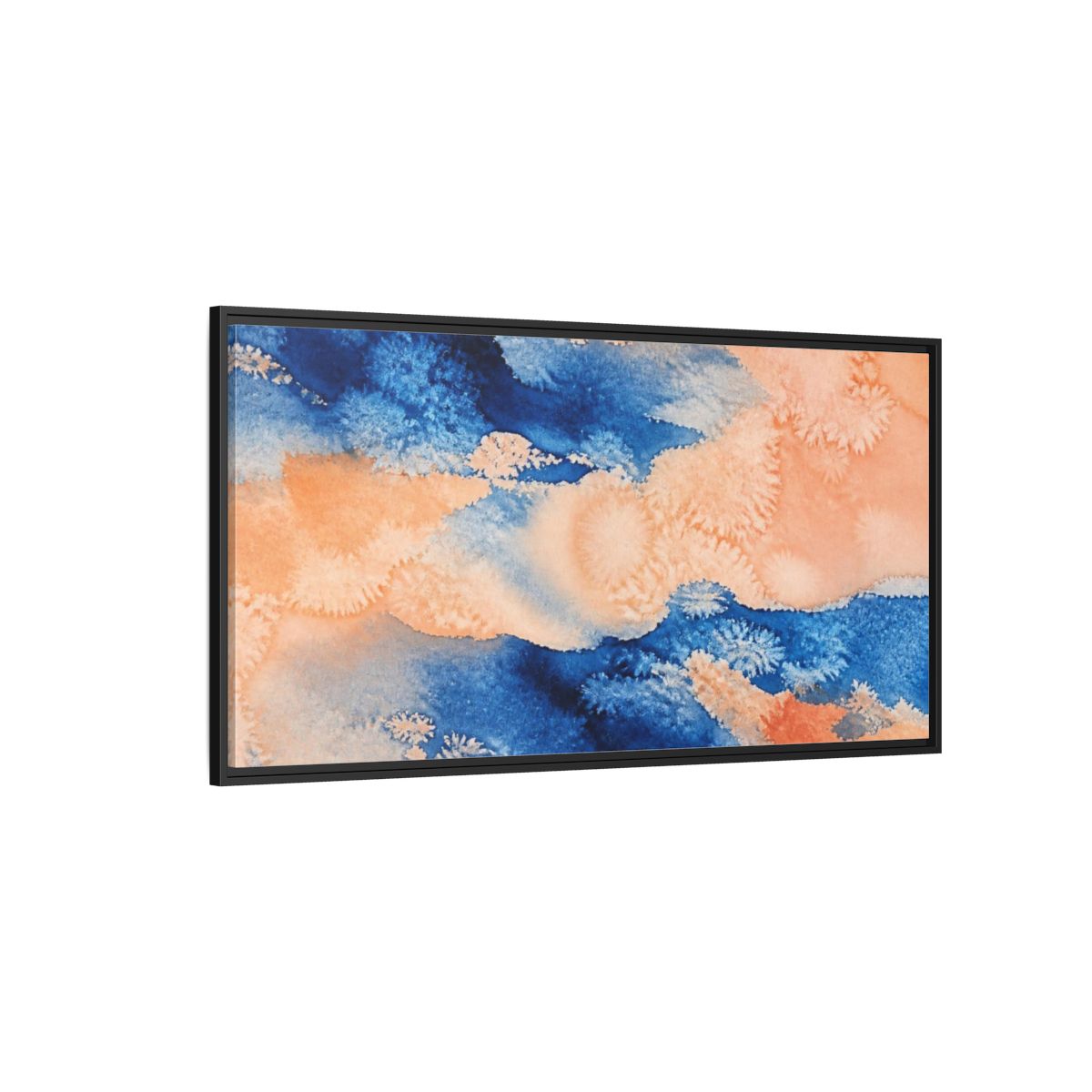 Side Mockup 5. Cobalt And Peach Wash shown as framed canvas print