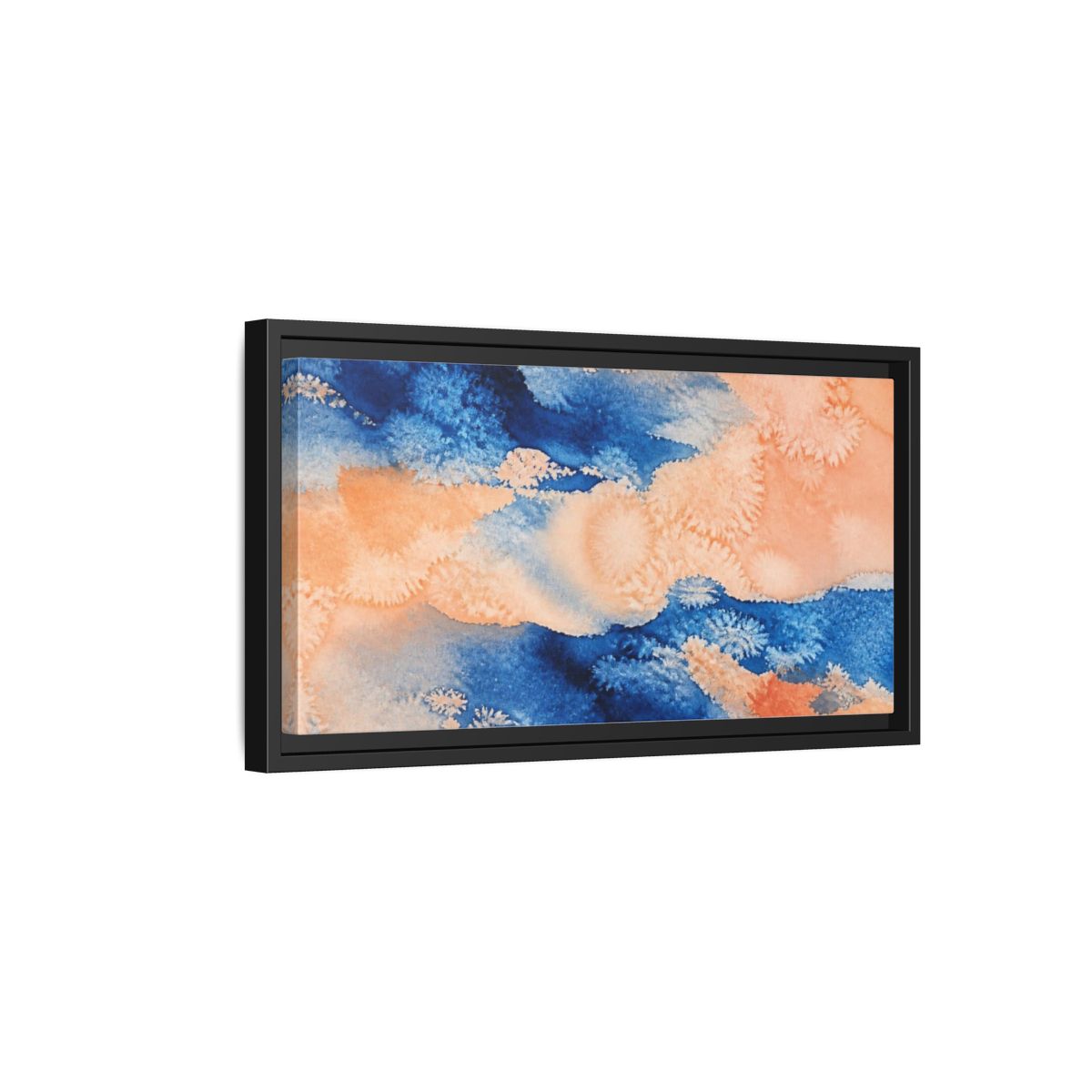 Side Mockup 8. Cobalt And Peach Wash shown as framed canvas print