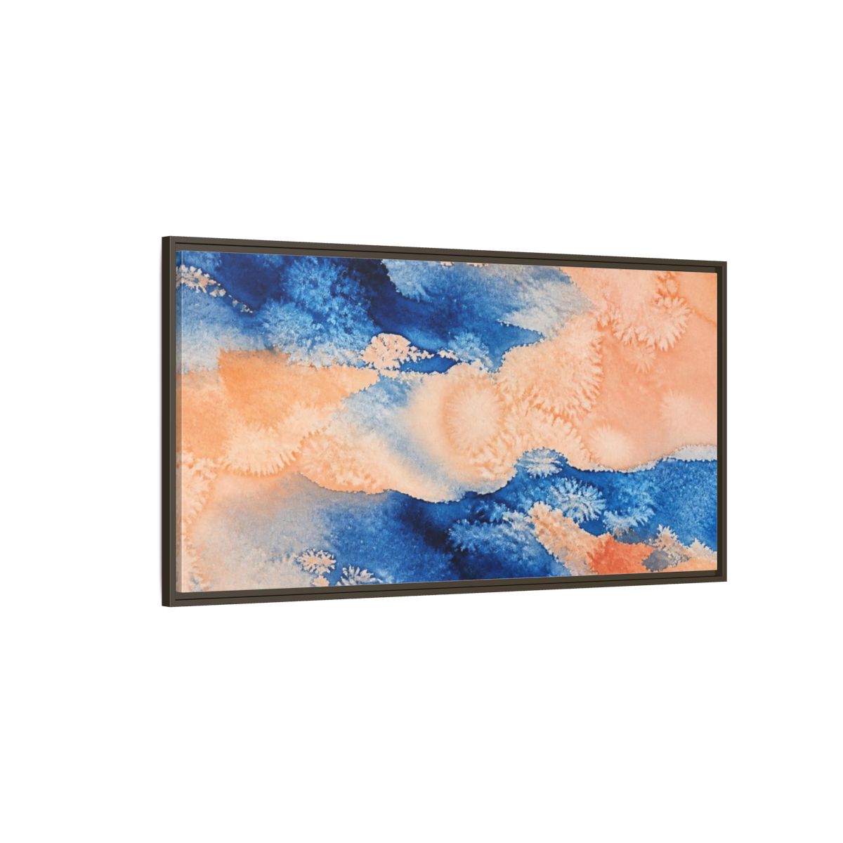 Side Mockup 4. Cobalt And Peach Wash shown as framed canvas print