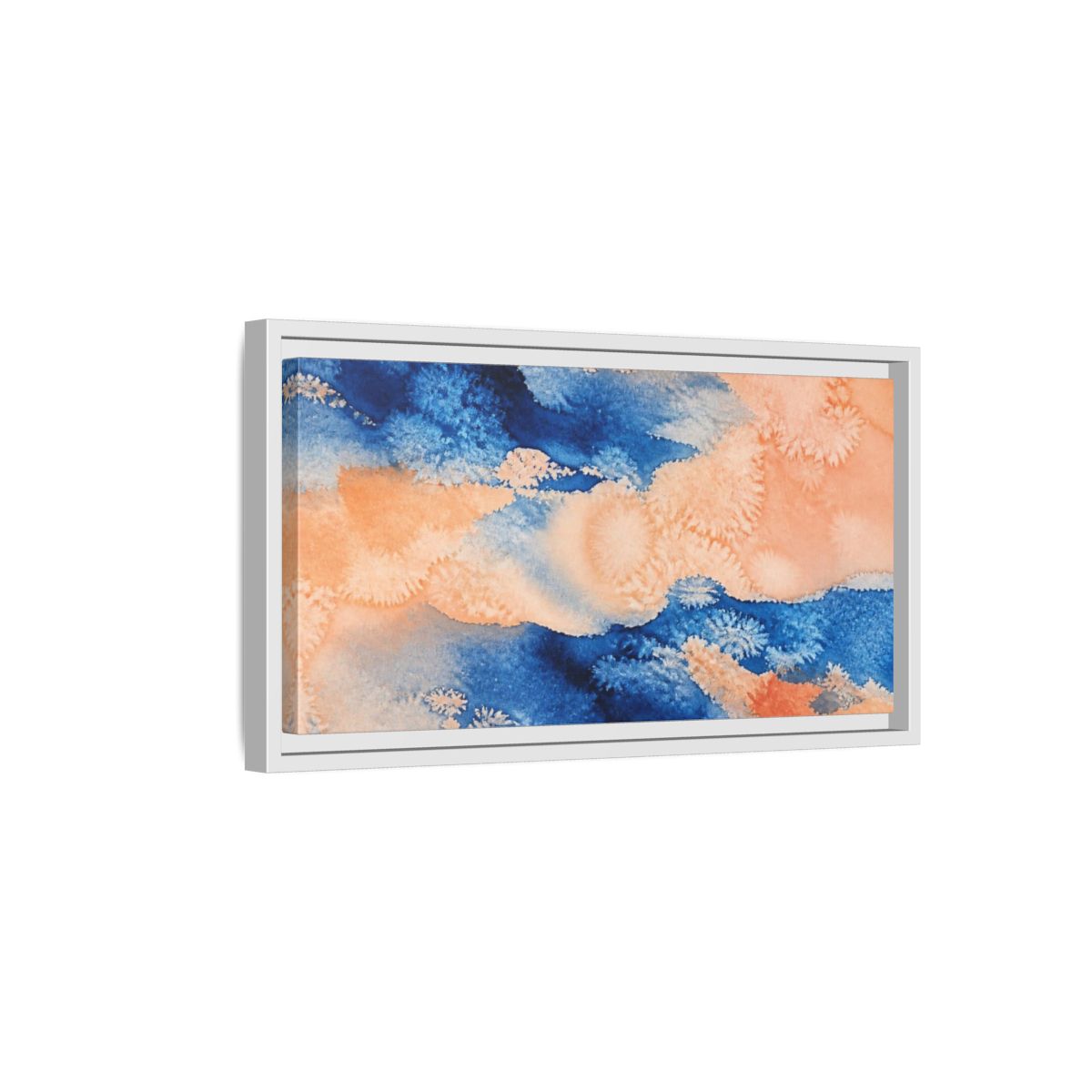Side Mockup 6. Cobalt And Peach Wash shown as framed canvas print