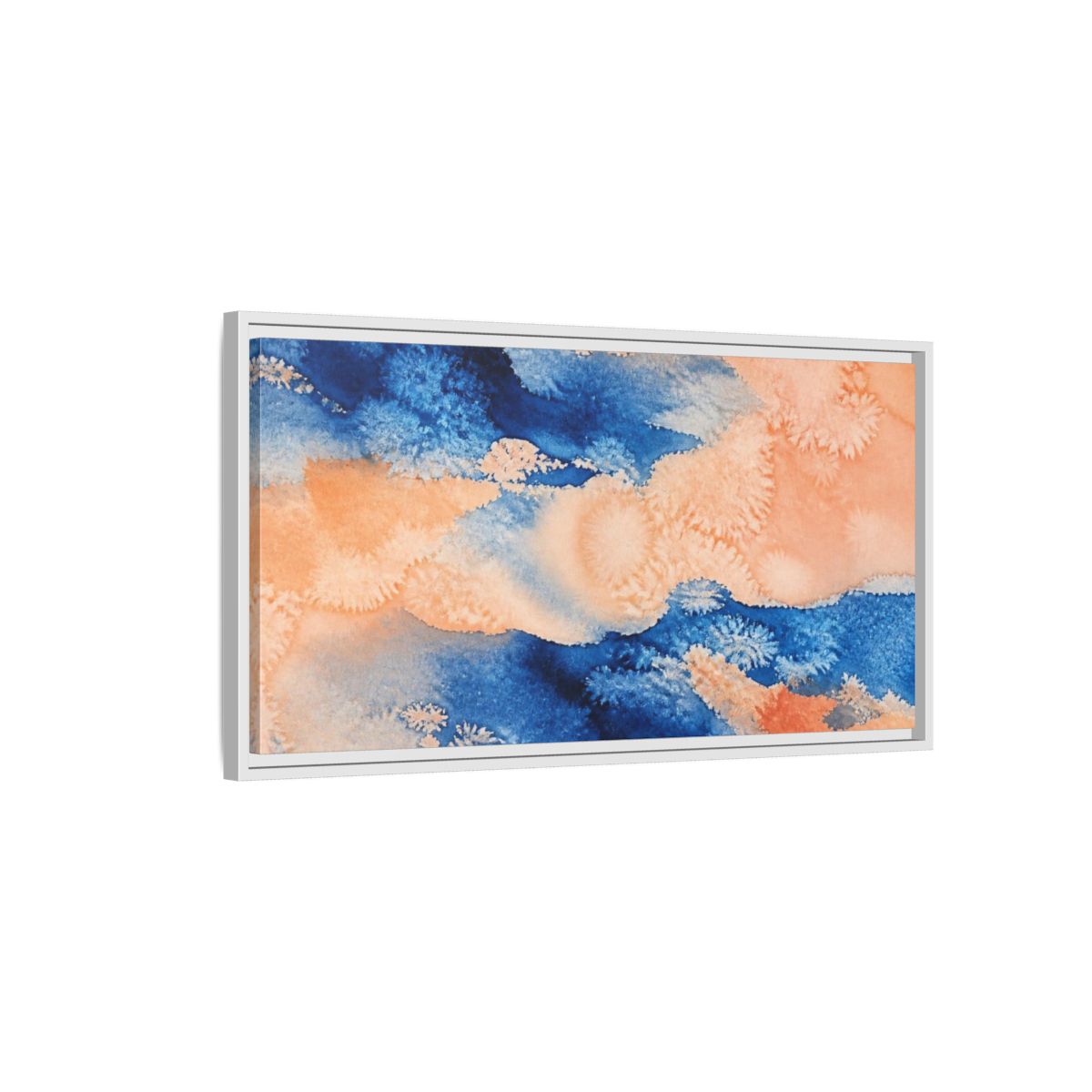 Side Mockup 1. Cobalt And Peach Wash shown as framed canvas print