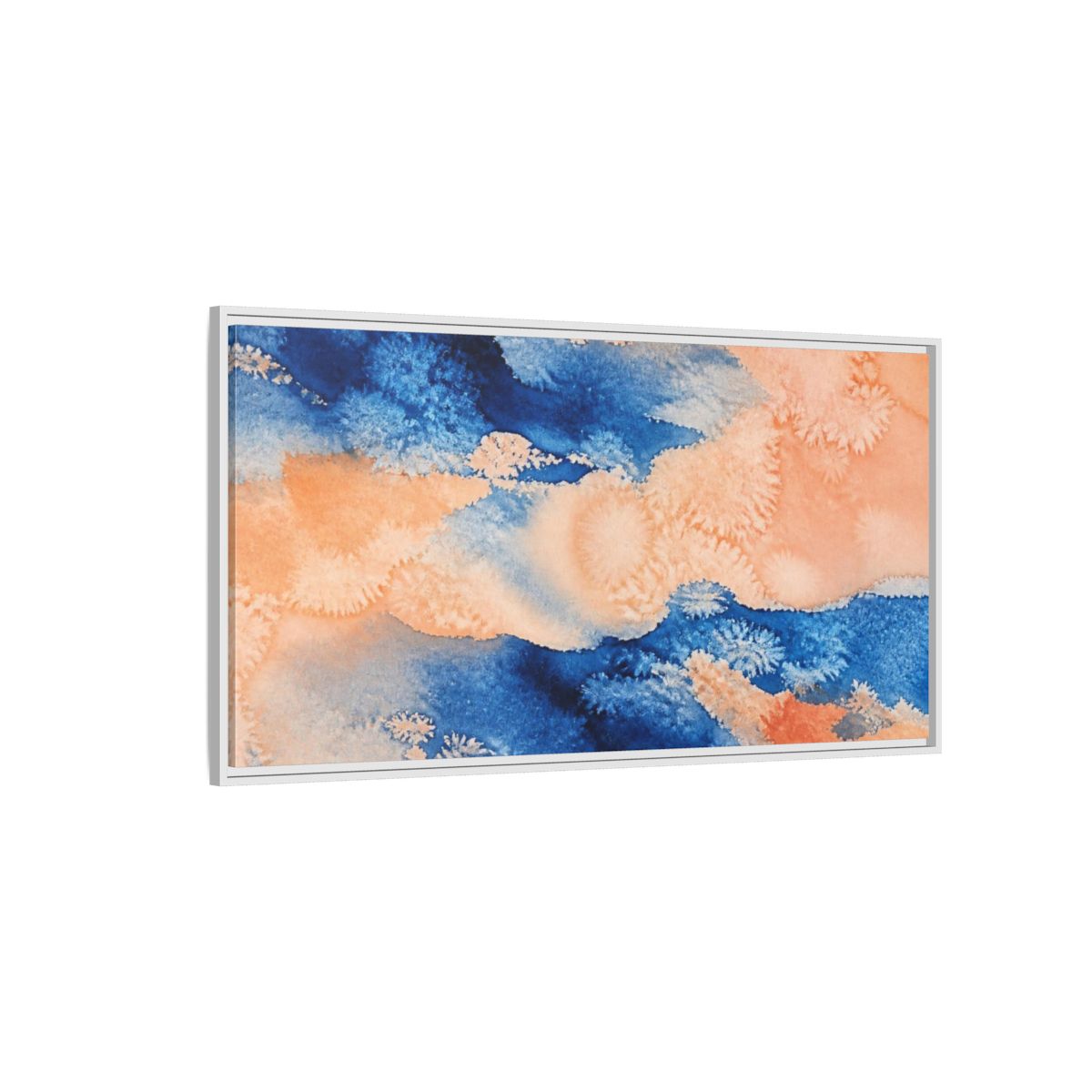 Side Mockup 3. Cobalt And Peach Wash shown as framed canvas print