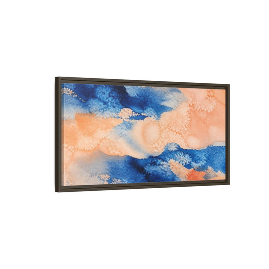 Main Mockup. Cobalt And Peach Wash shown as framed canvas print