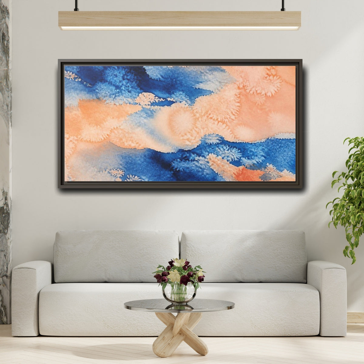 Mockup 2. Cobalt And Peach Wash shown as framed canvas print