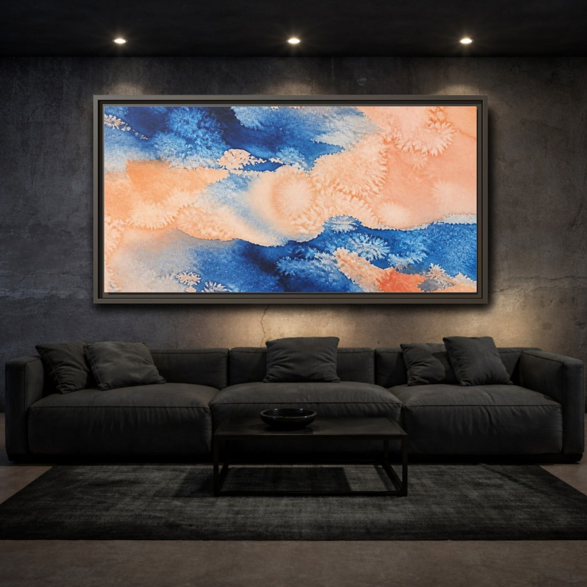 Mockup 3. Cobalt And Peach Wash shown as framed canvas print
