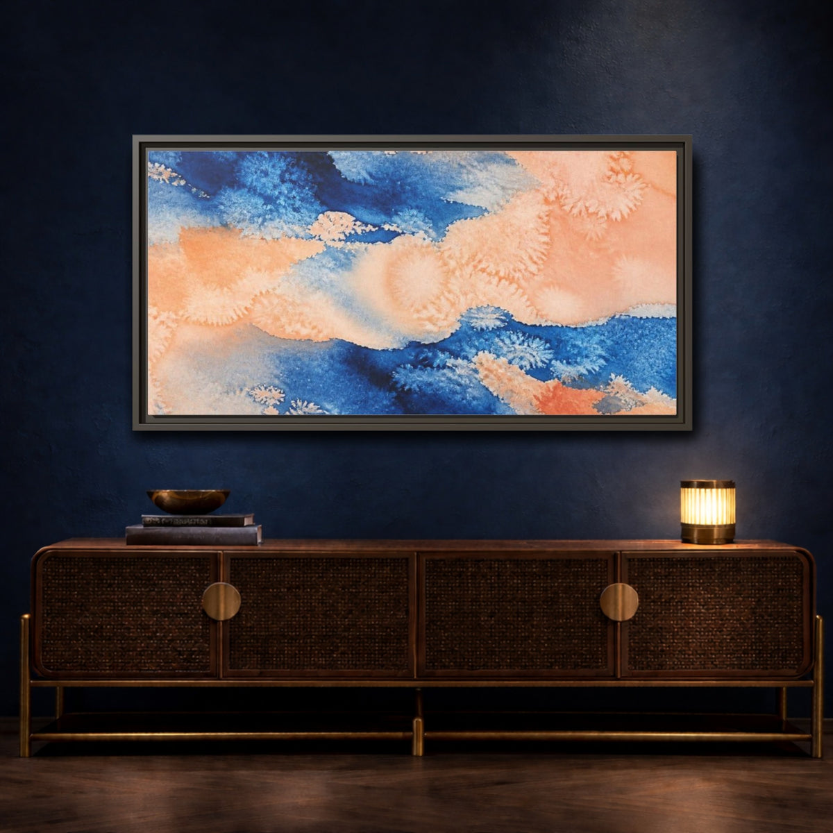 Mockup 4. Cobalt And Peach Wash shown as framed canvas print