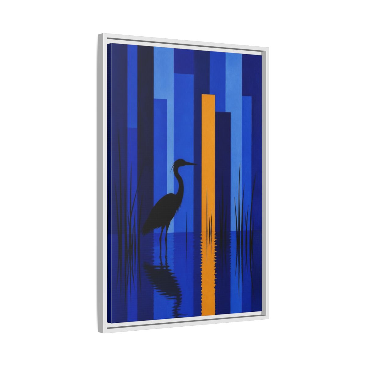 Side Mockup 10. Cobalt Heron Reflection shown as framed canvas print