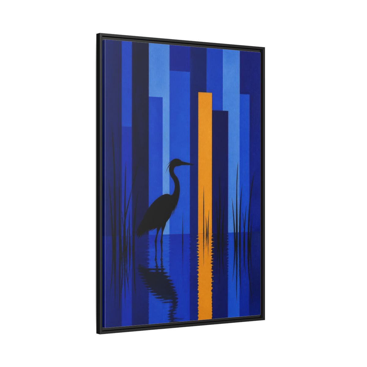 Side Mockup 12. Cobalt Heron Reflection shown as framed canvas print