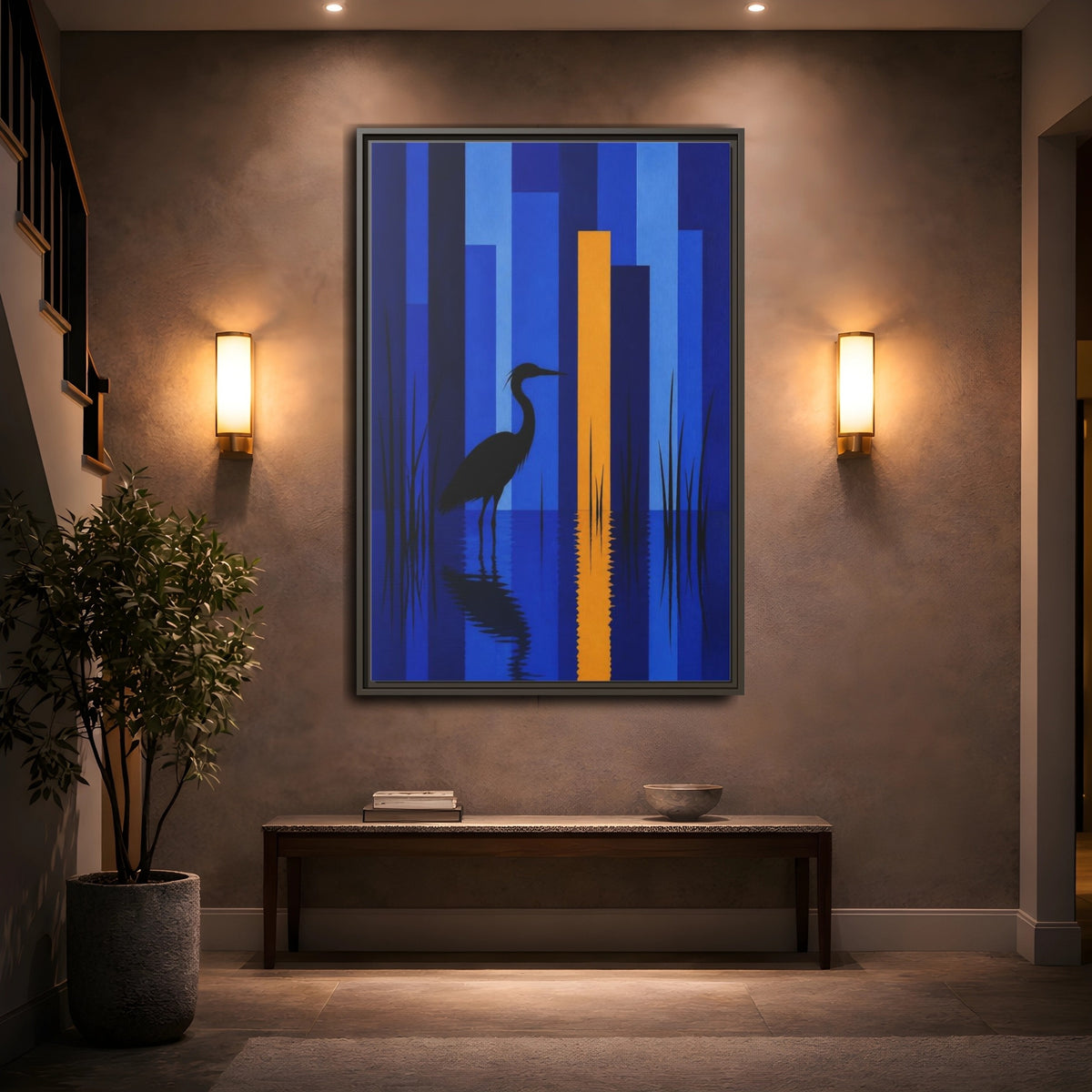 Mockup 2. Cobalt Heron Reflection shown as framed canvas print