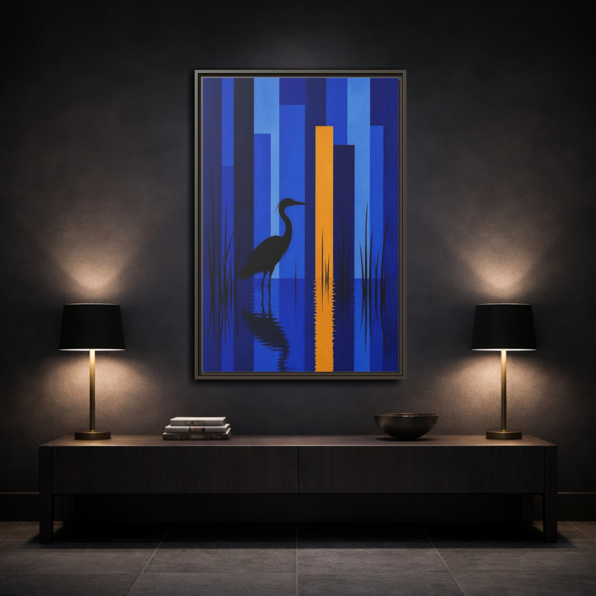 Mockup 3. Cobalt Heron Reflection shown as framed canvas print
