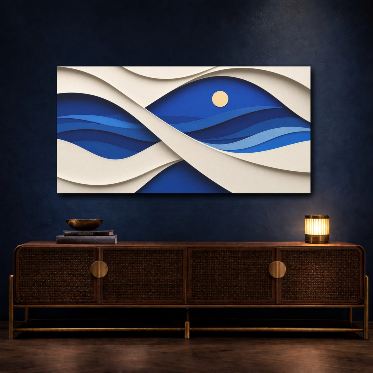 Mockup 4. Cobalt Paper Waves shown as canvas print