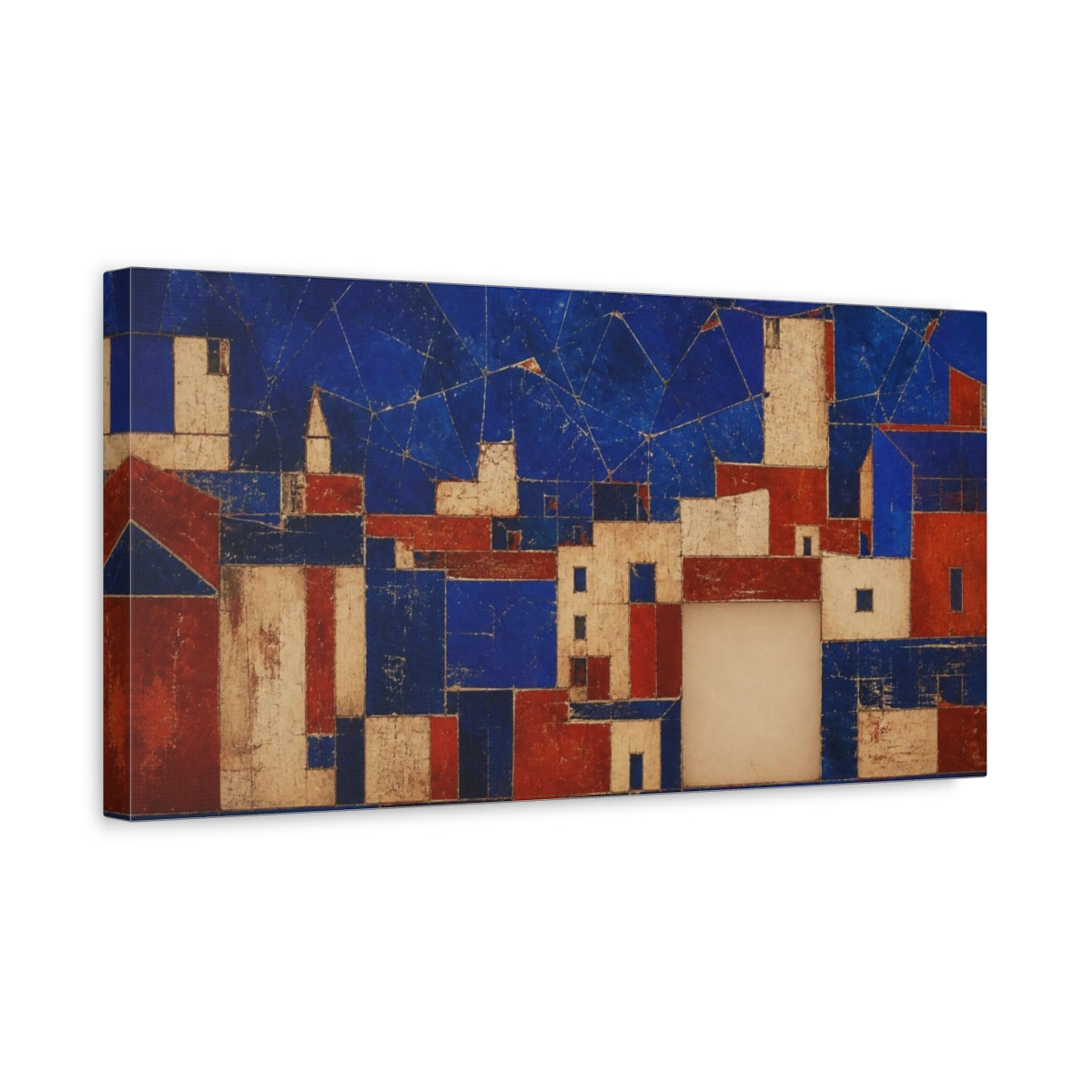 Side Mockup 3. Cobalt Urban Blocks shown as canvas print