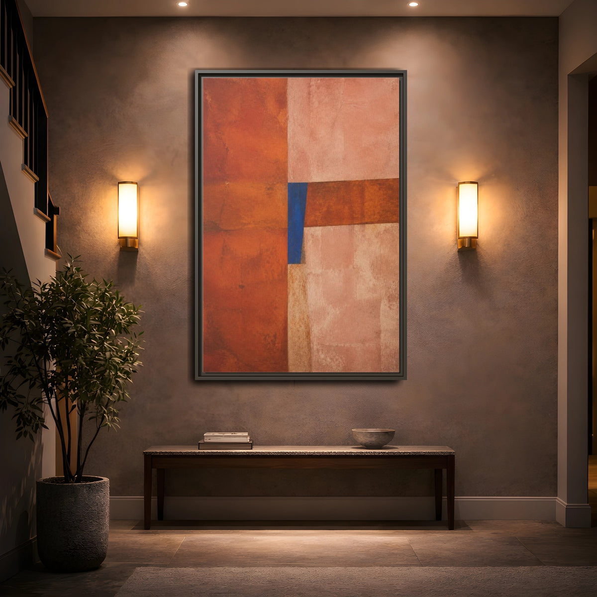 Mockup 2. Cobalt Wedge On Rust Blocks shown as framed canvas print