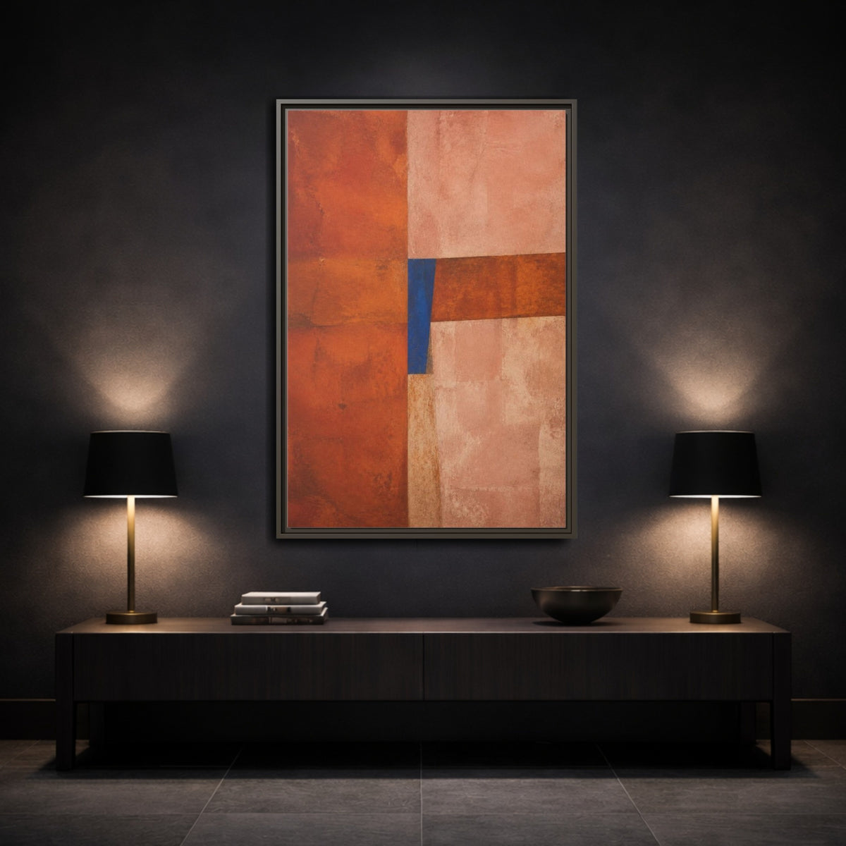 Mockup 3. Cobalt Wedge On Rust Blocks shown as framed canvas print