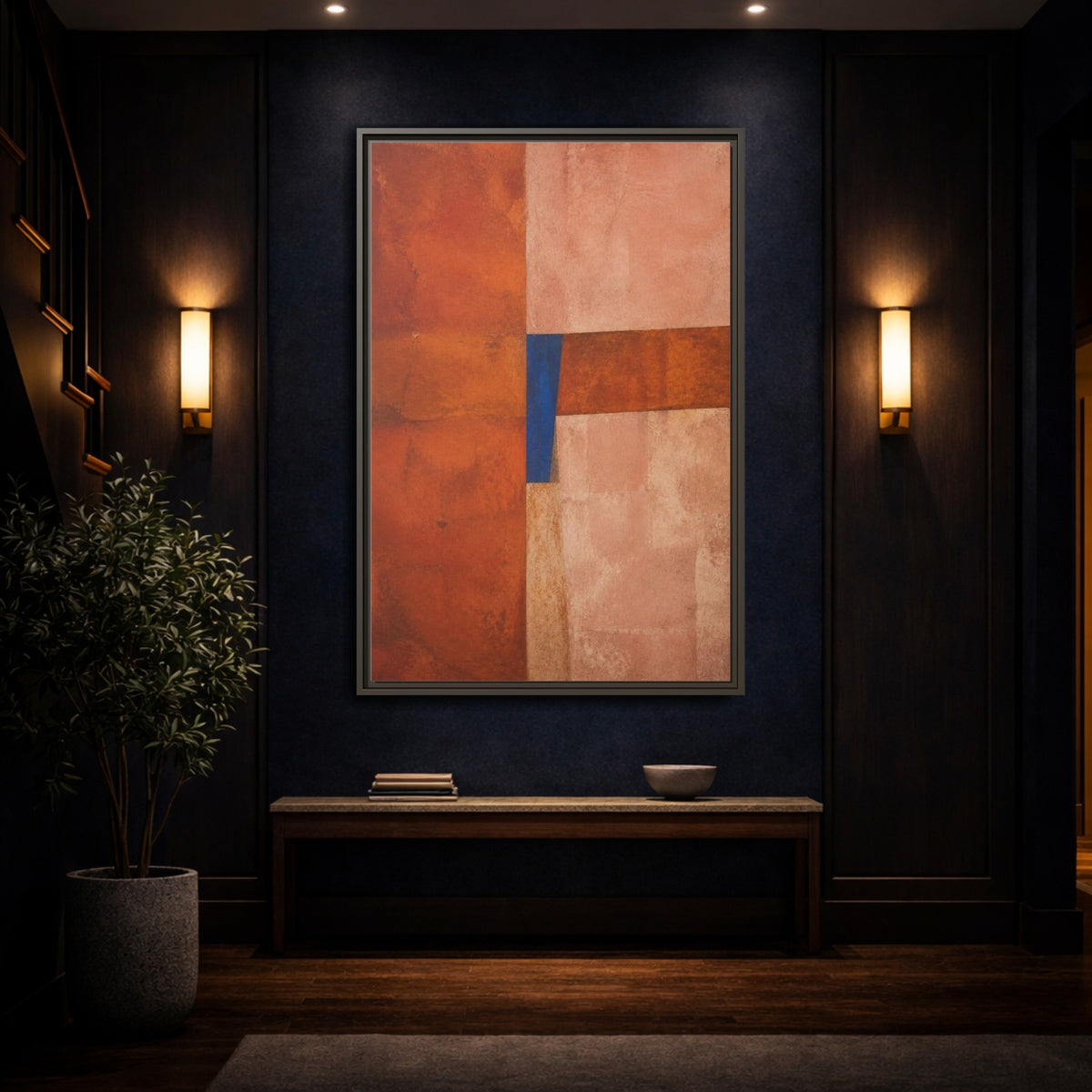 Mockup 4. Cobalt Wedge On Rust Blocks shown as framed canvas print