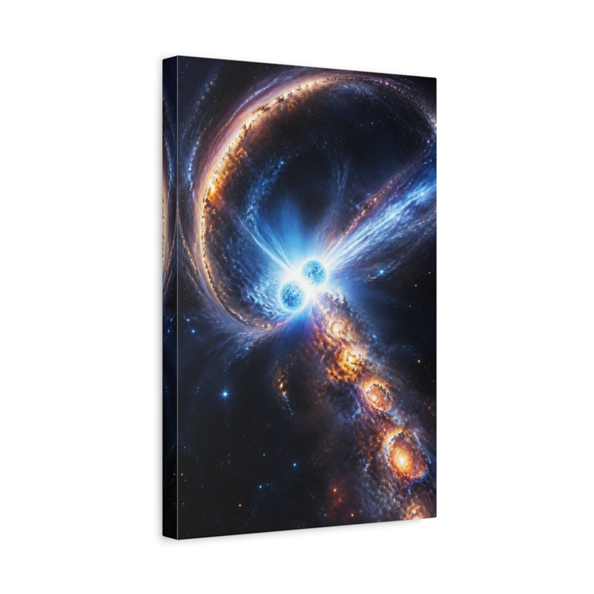 Side Mockup 4. Colliding Blue Binary Stars shown as canvas print