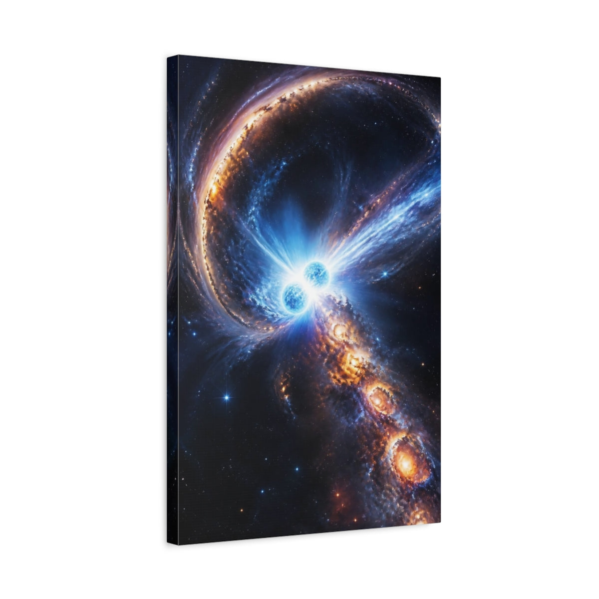 Side Mockup 3. Colliding Blue Binary Stars shown as canvas print