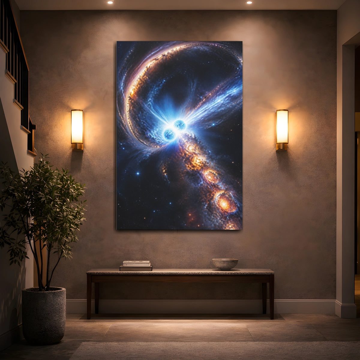 Mockup 2. Colliding Blue Binary Stars shown as canvas print