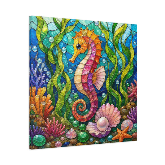 Main Mockup. Colorful Seahorse Mosaic shown as canvas print