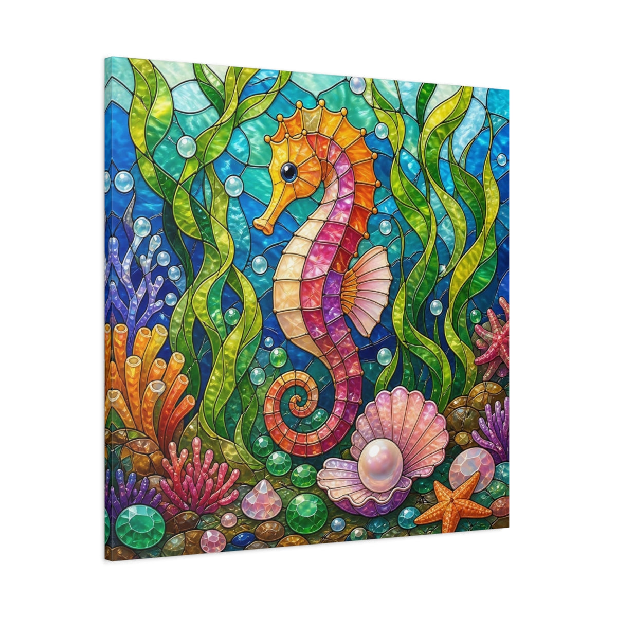 Side Mockup 1. Colorful Seahorse Mosaic shown as canvas print
