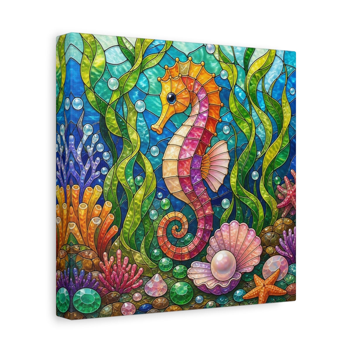 Side Mockup 9. Colorful Seahorse Mosaic shown as canvas print
