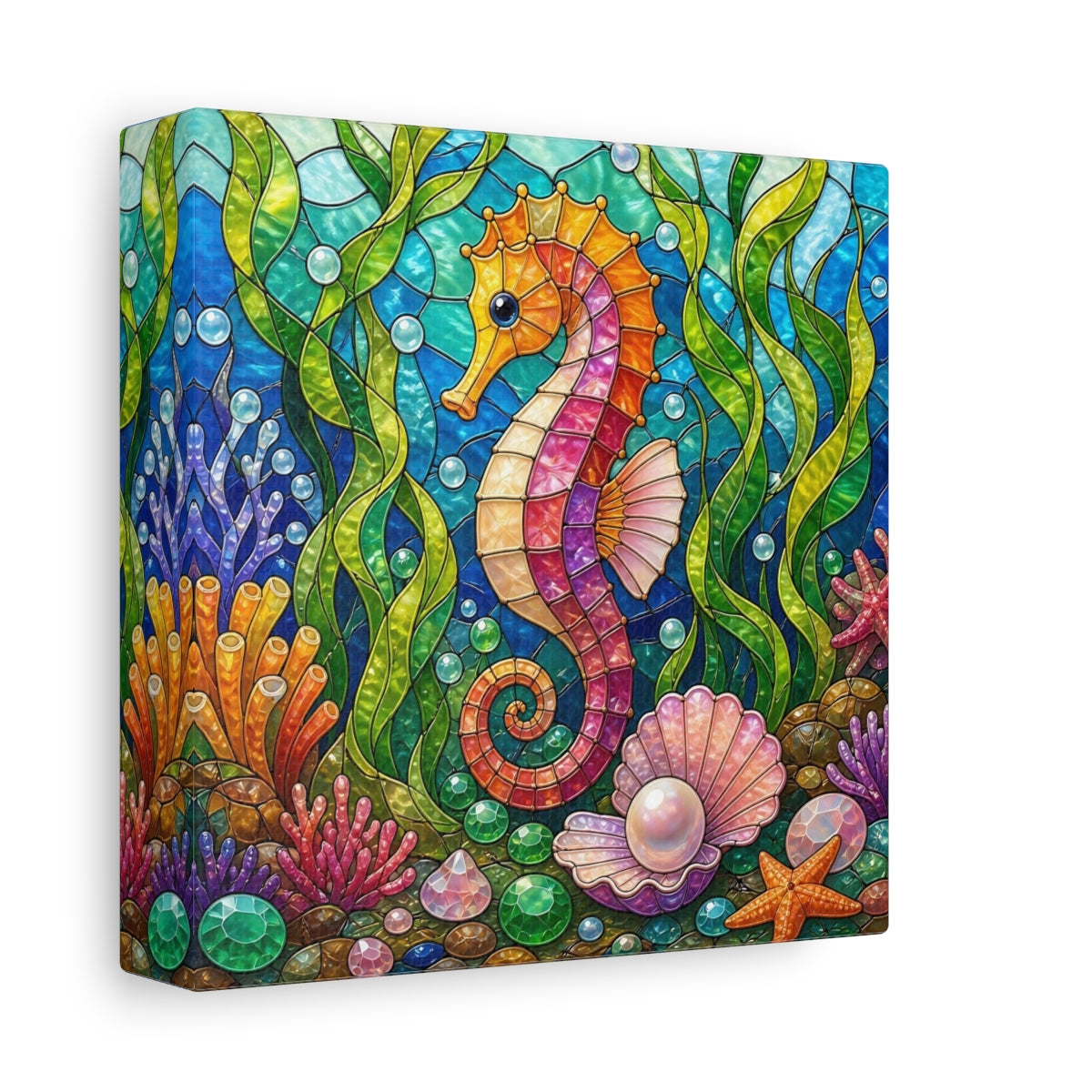 Side Mockup 2. Colorful Seahorse Mosaic shown as canvas print