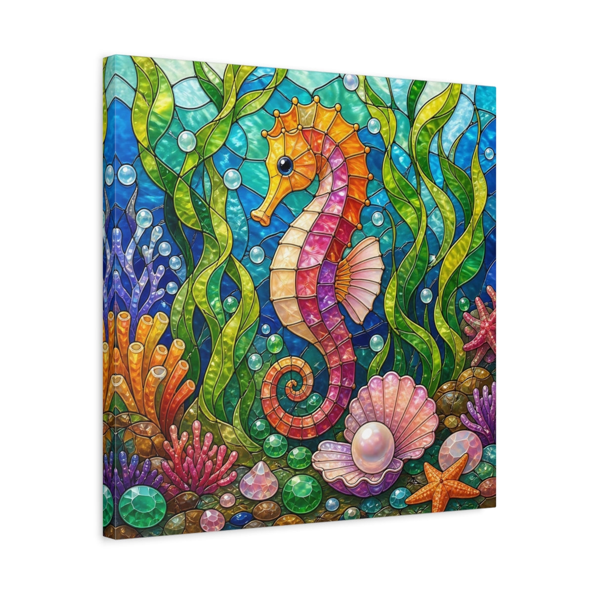 Side Mockup 5. Colorful Seahorse Mosaic shown as canvas print