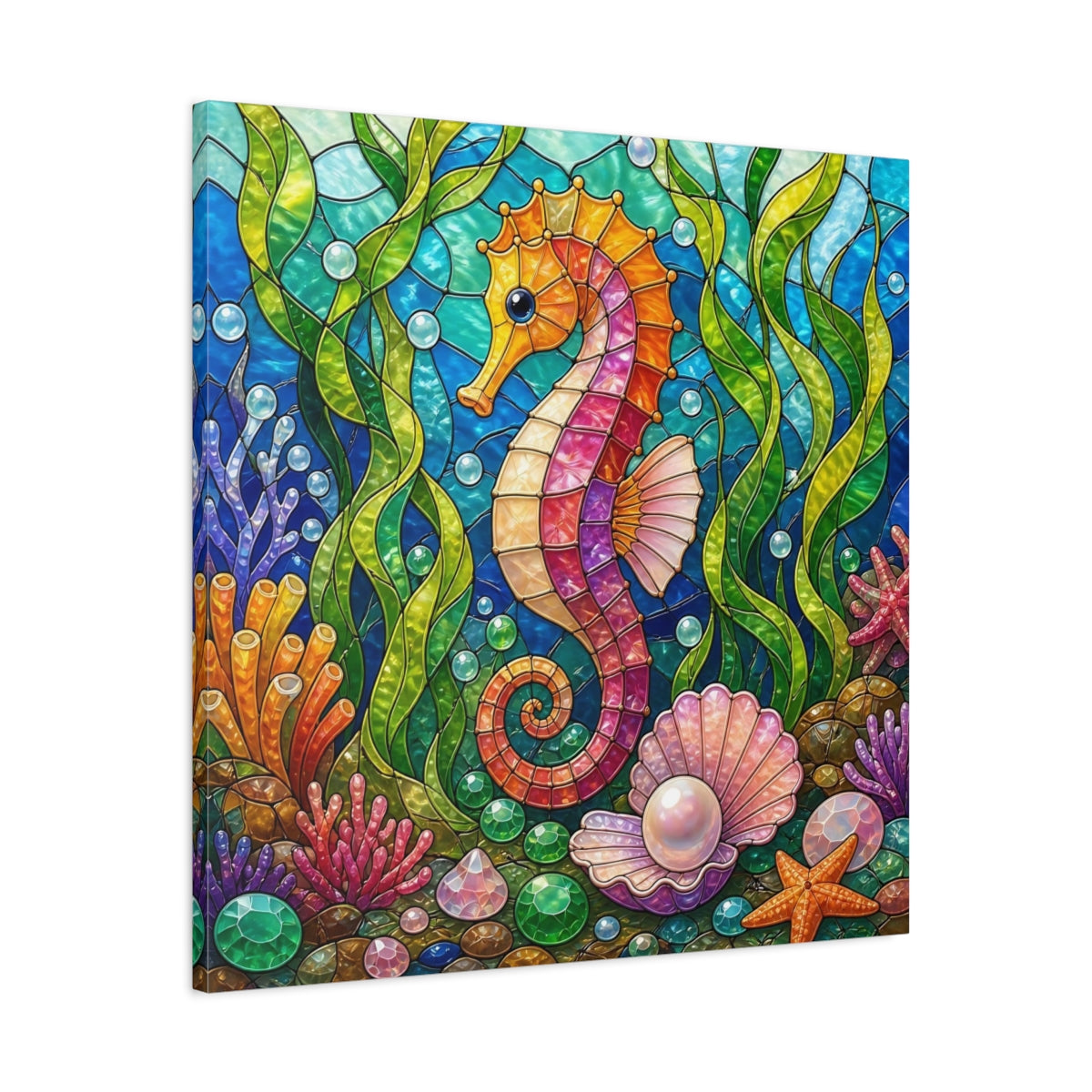 Side Mockup 3. Colorful Seahorse Mosaic shown as canvas print