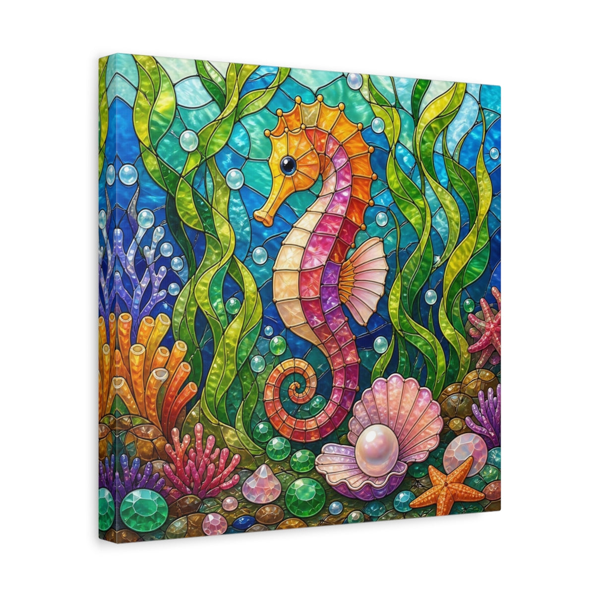 Side Mockup 7. Colorful Seahorse Mosaic shown as canvas print
