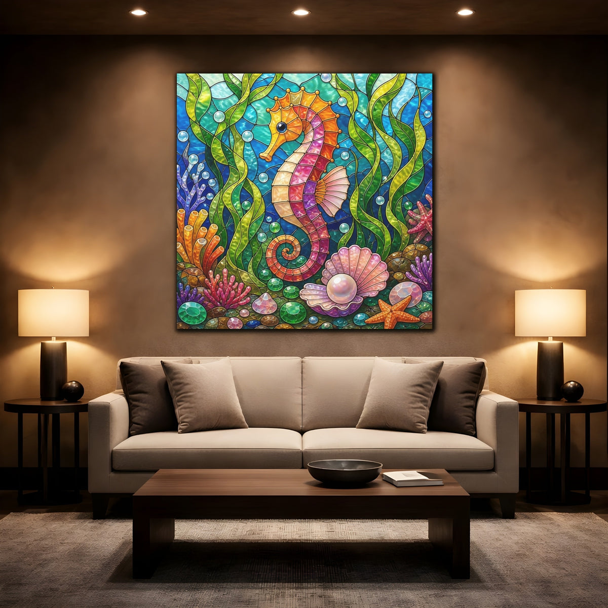 Mockup 2. Colorful Seahorse Mosaic shown as canvas print