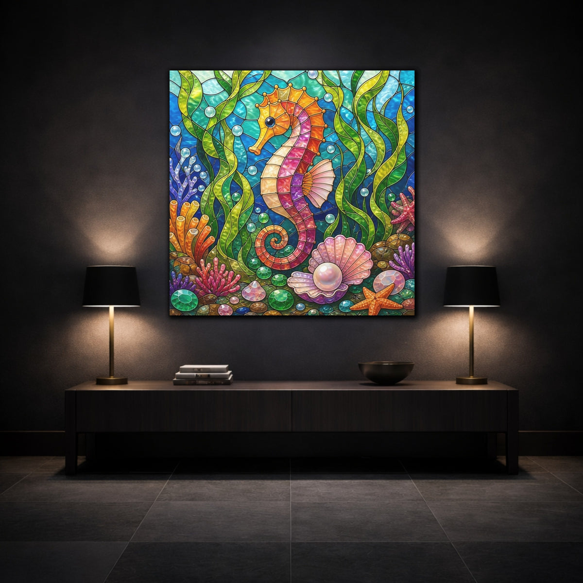 Mockup 3. Colorful Seahorse Mosaic shown as canvas print