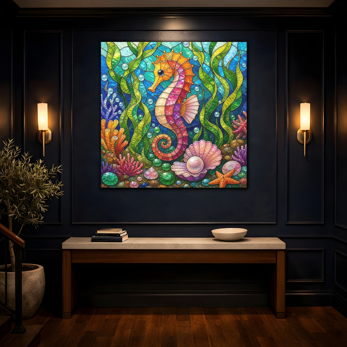 Mockup 4. Colorful Seahorse Mosaic shown as canvas print