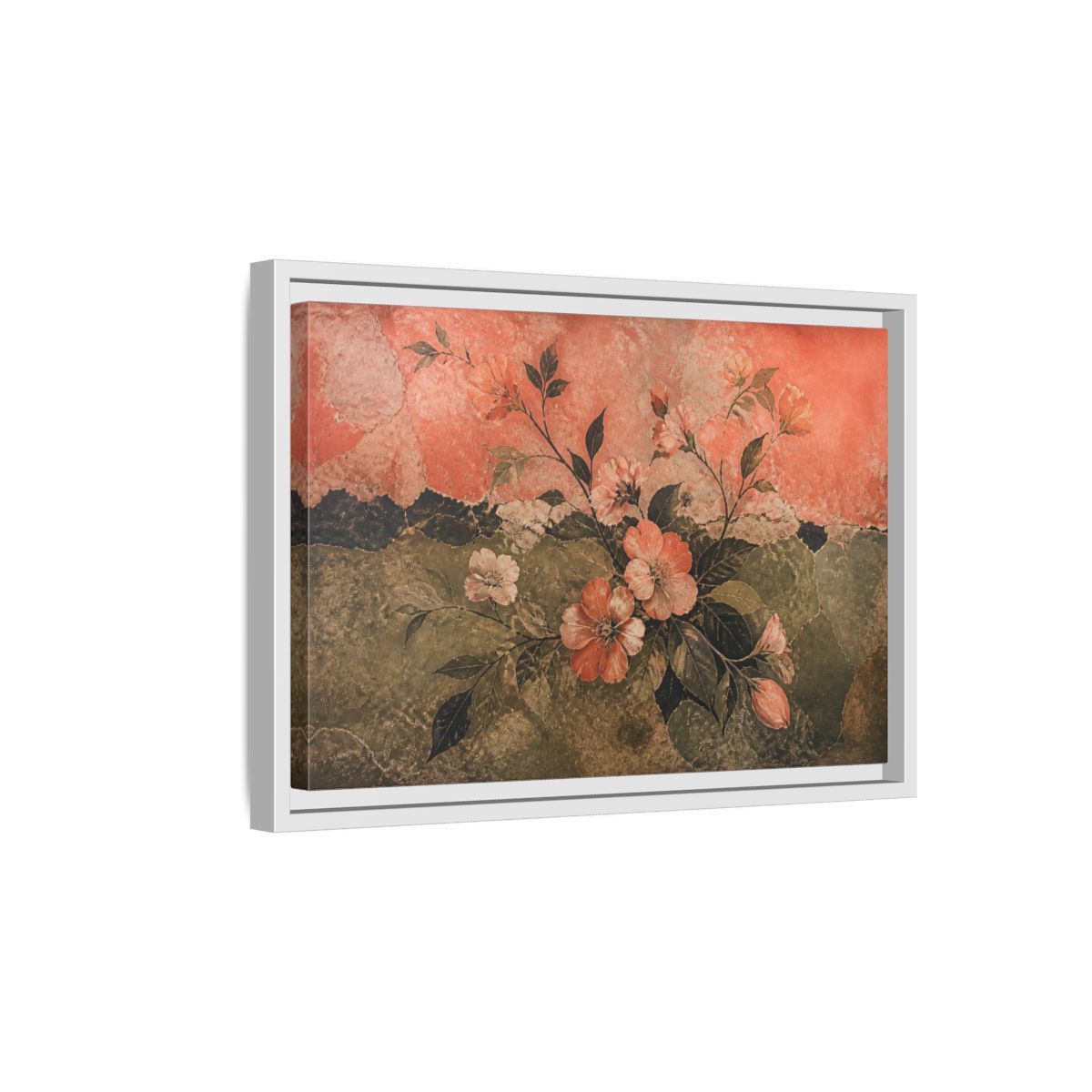 Side Mockup 4. Coral Blossom Fresco shown as framed canvas print