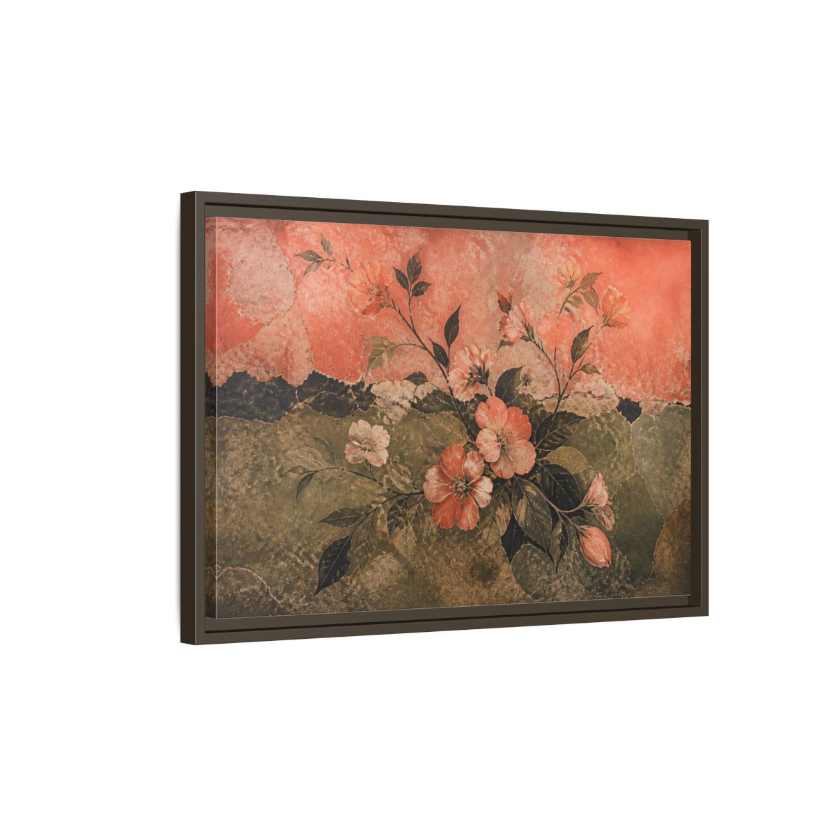 Side Mockup 2. Coral Blossom Fresco shown as framed canvas print