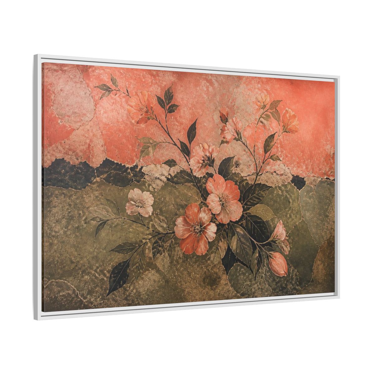 Side Mockup 7. Coral Blossom Fresco shown as framed canvas print