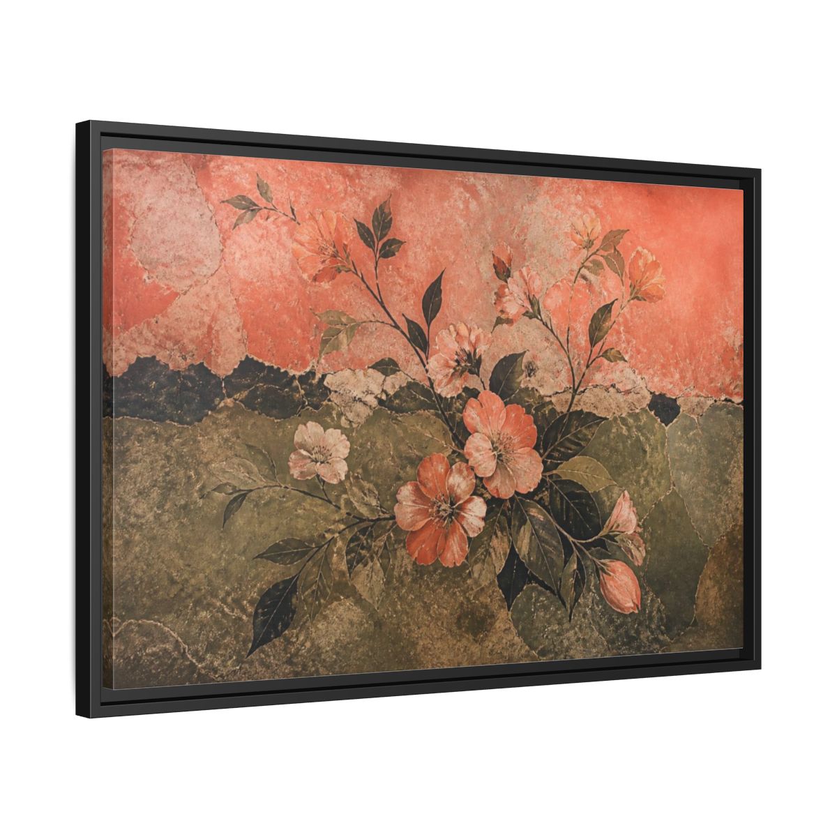 Side Mockup 14. Coral Blossom Fresco shown as framed canvas print