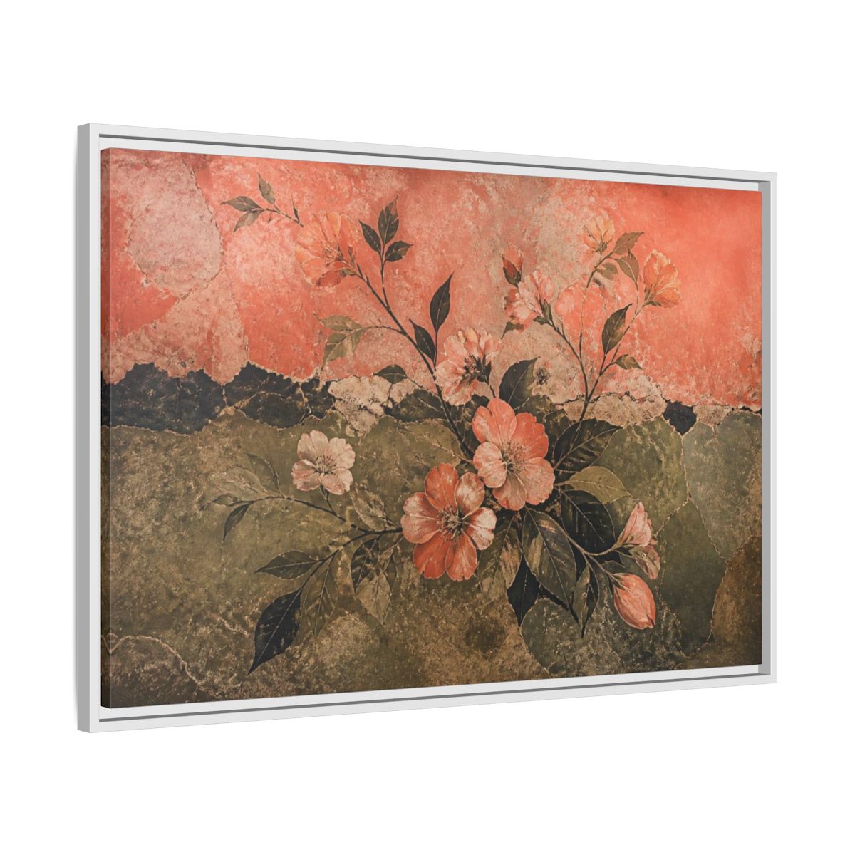 Side Mockup 9. Coral Blossom Fresco shown as framed canvas print