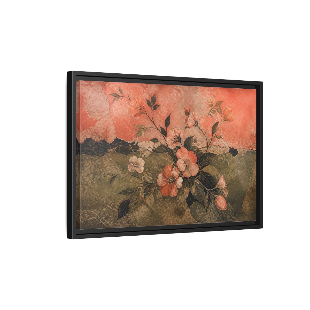 Side Mockup 3. Coral Blossom Fresco shown as framed canvas print