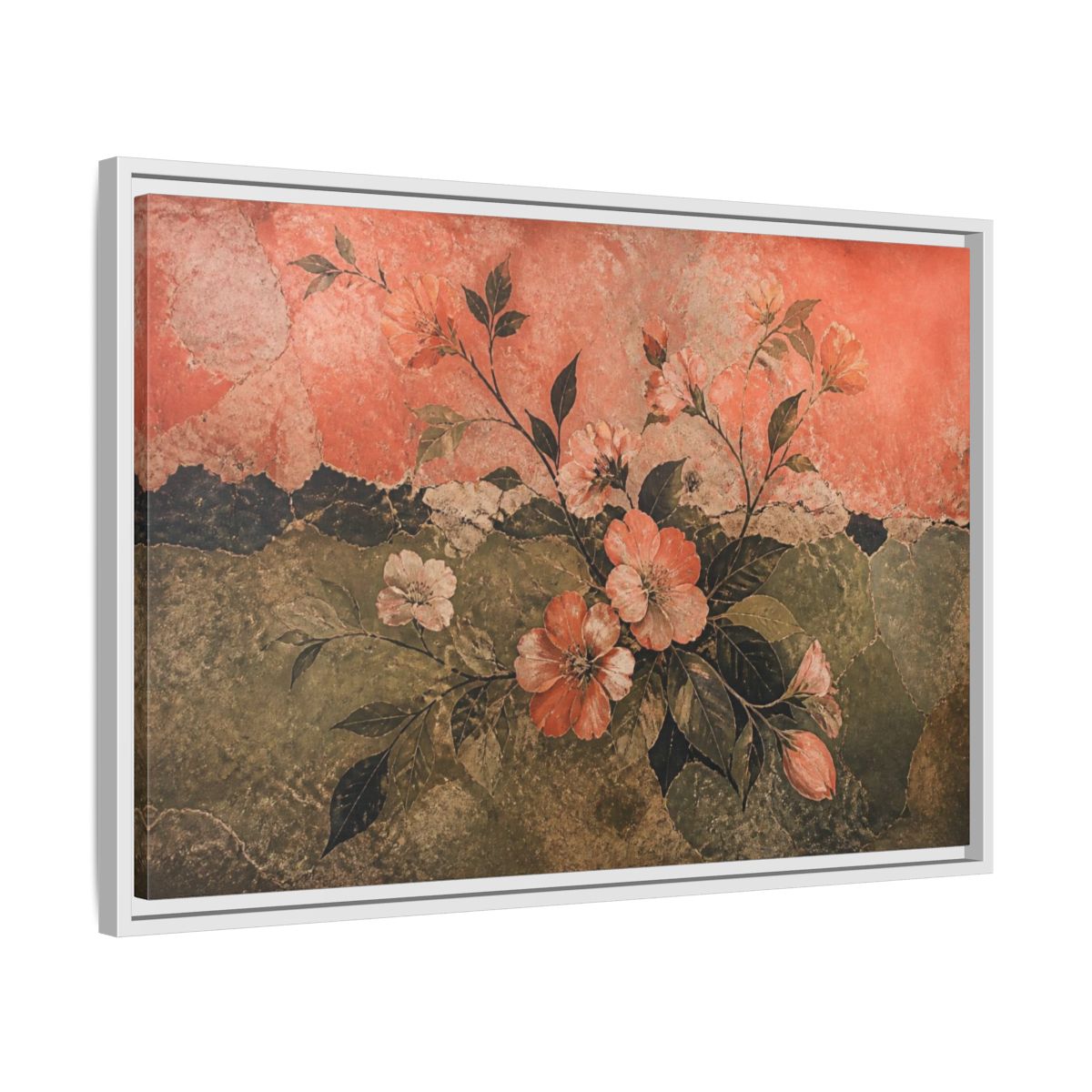 Side Mockup 10. Coral Blossom Fresco shown as framed canvas print