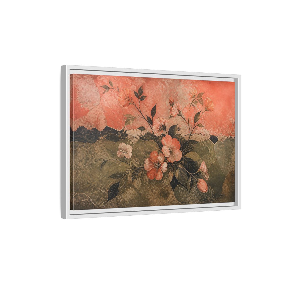 Side Mockup 1. Coral Blossom Fresco shown as framed canvas print