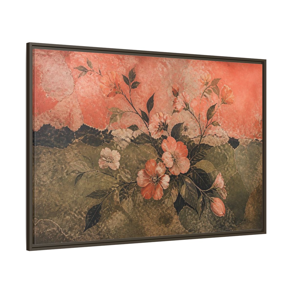 Side Mockup 8. Coral Blossom Fresco shown as framed canvas print