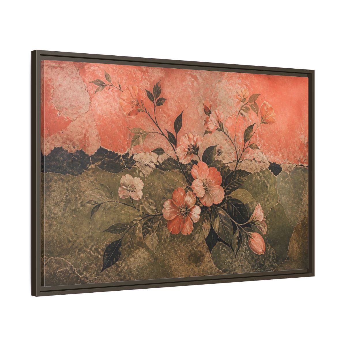 Main Mockup. Coral Blossom Fresco shown as framed canvas print
