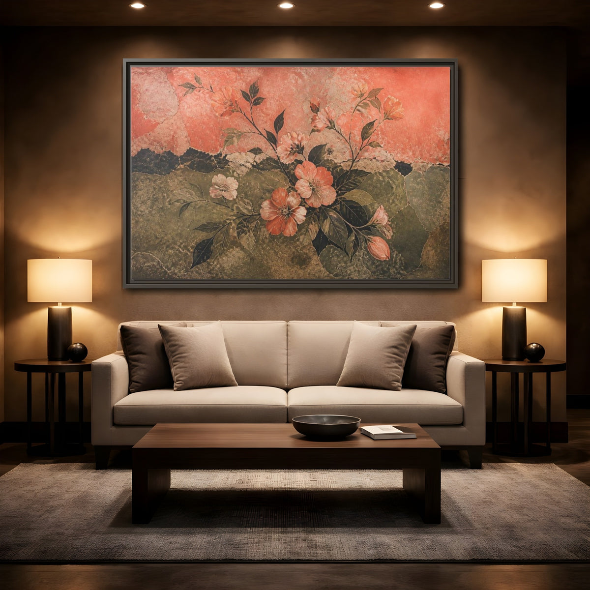 Mockup 2. Coral Blossom Fresco shown as framed canvas print