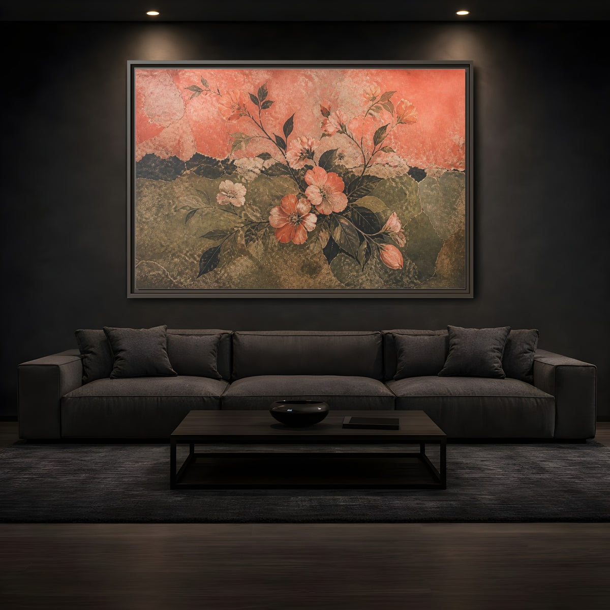 Mockup 3. Coral Blossom Fresco shown as framed canvas print